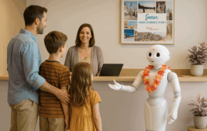 Famille accueillie par un robot à la réception Ateya Vacances