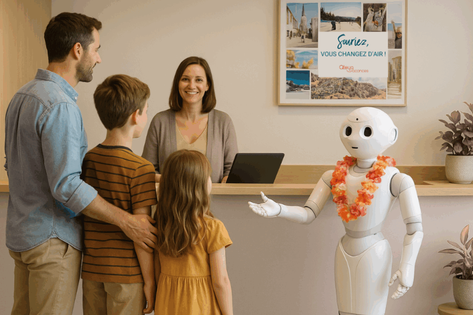 Famille accueillie par un robot à la réception Ateya Vacances
