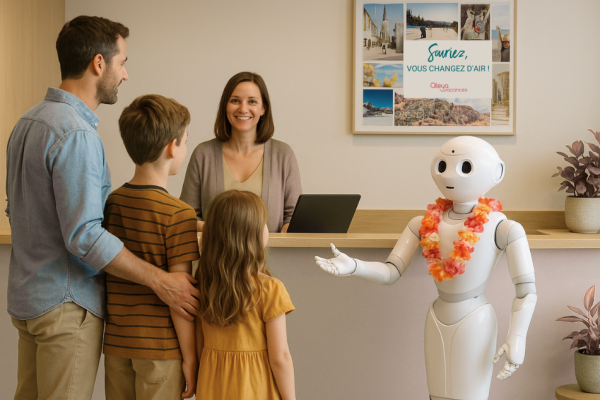 Famille accueillie par un robot à la réception Ateya Vacances